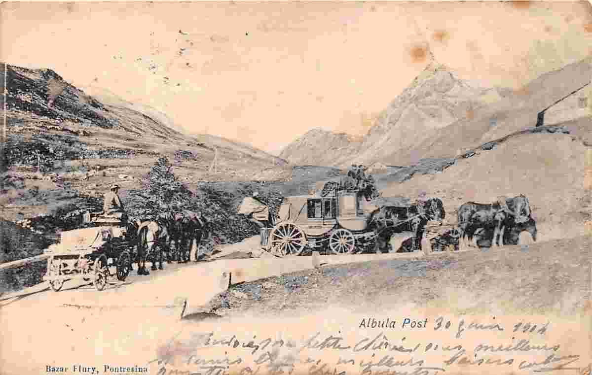 Albula / Alvra. Pferde Postkutsche in 1904