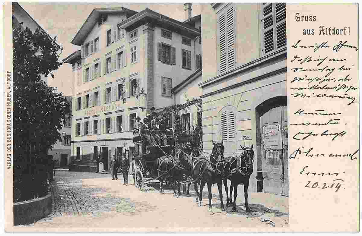 Altdorf. Hotel 'Clef d'Or' mit Postkutsche, 1914