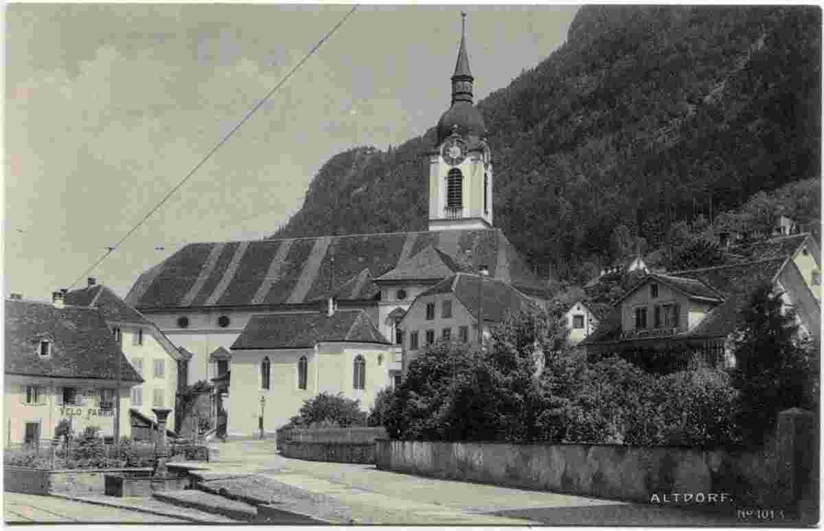 Altdorf. Kirche und Velo Fabrik, 1910