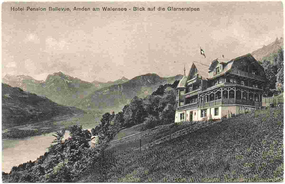 Amden. Hotel-Pension Bellevue am Walensee, Blick auf die Glarner Alpen, 1906