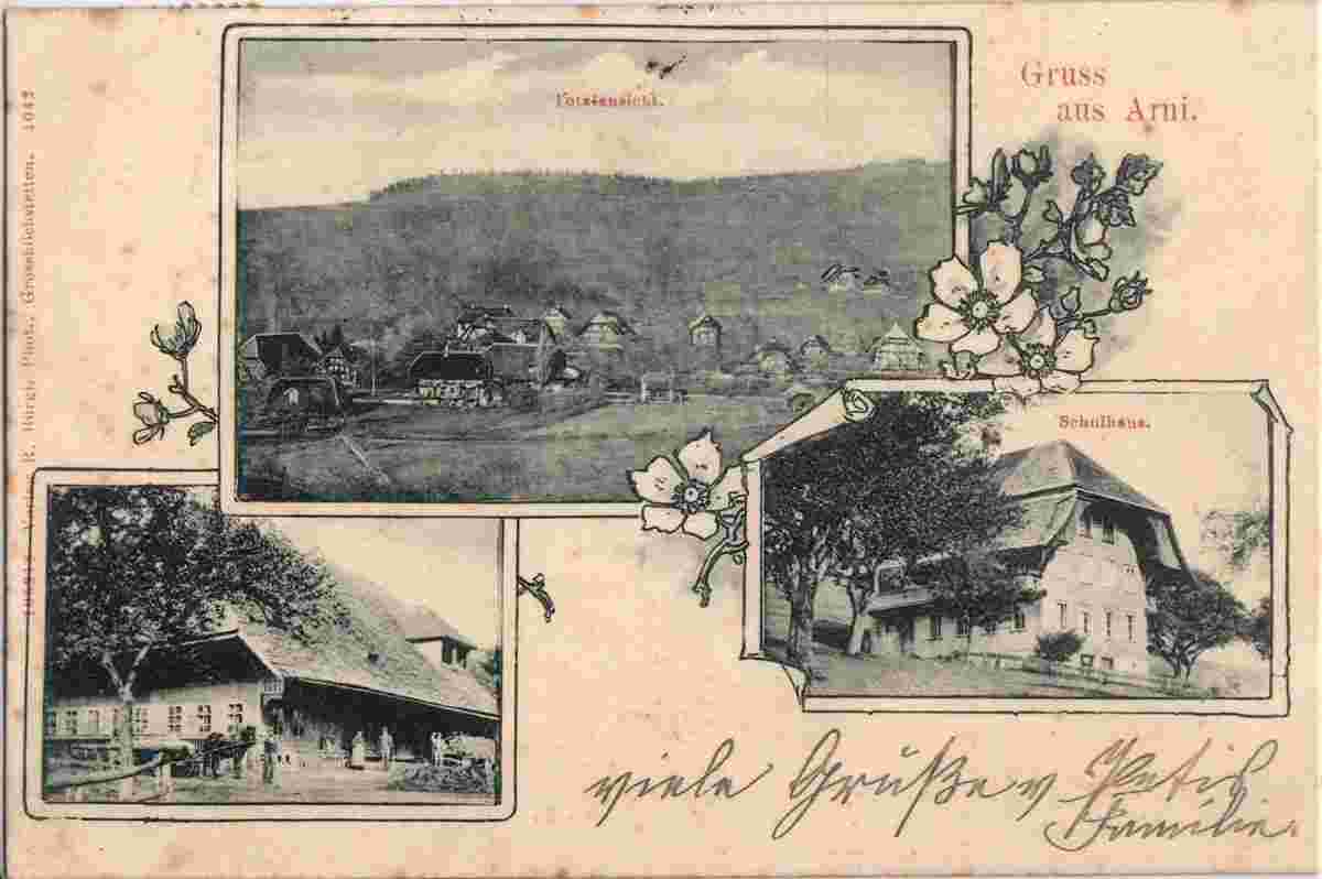 Arni. Totalansicht, Schulhaus, 1913
