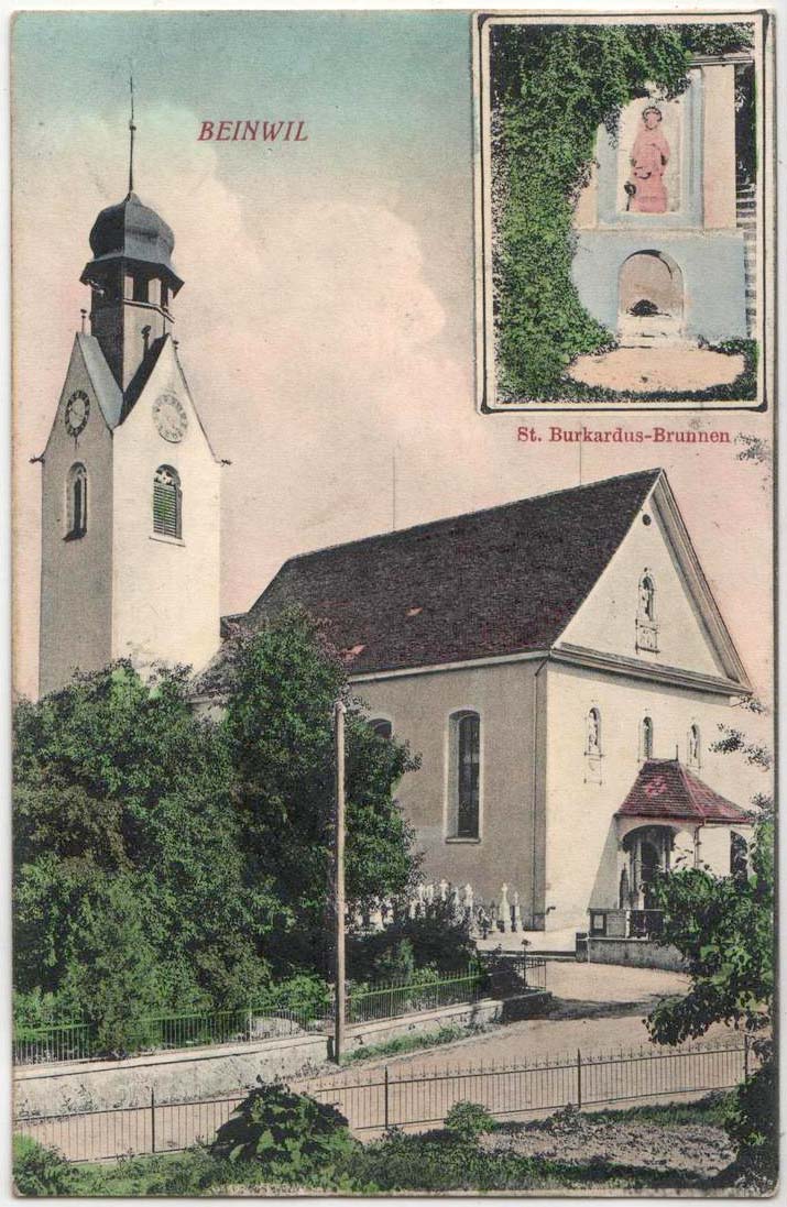Beinwil (Freiamt). Pfarrkirche St. Burkard und brunnen, 1910