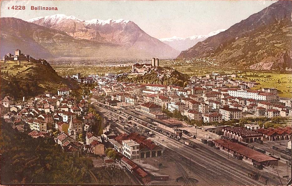 Bellinzona. Panorama der Stadt und Bahnhof, 1911