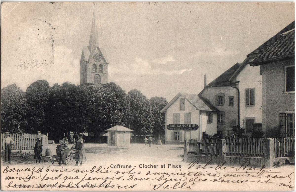 Coffrane. Clocher et Place, Boulangerie, 1904