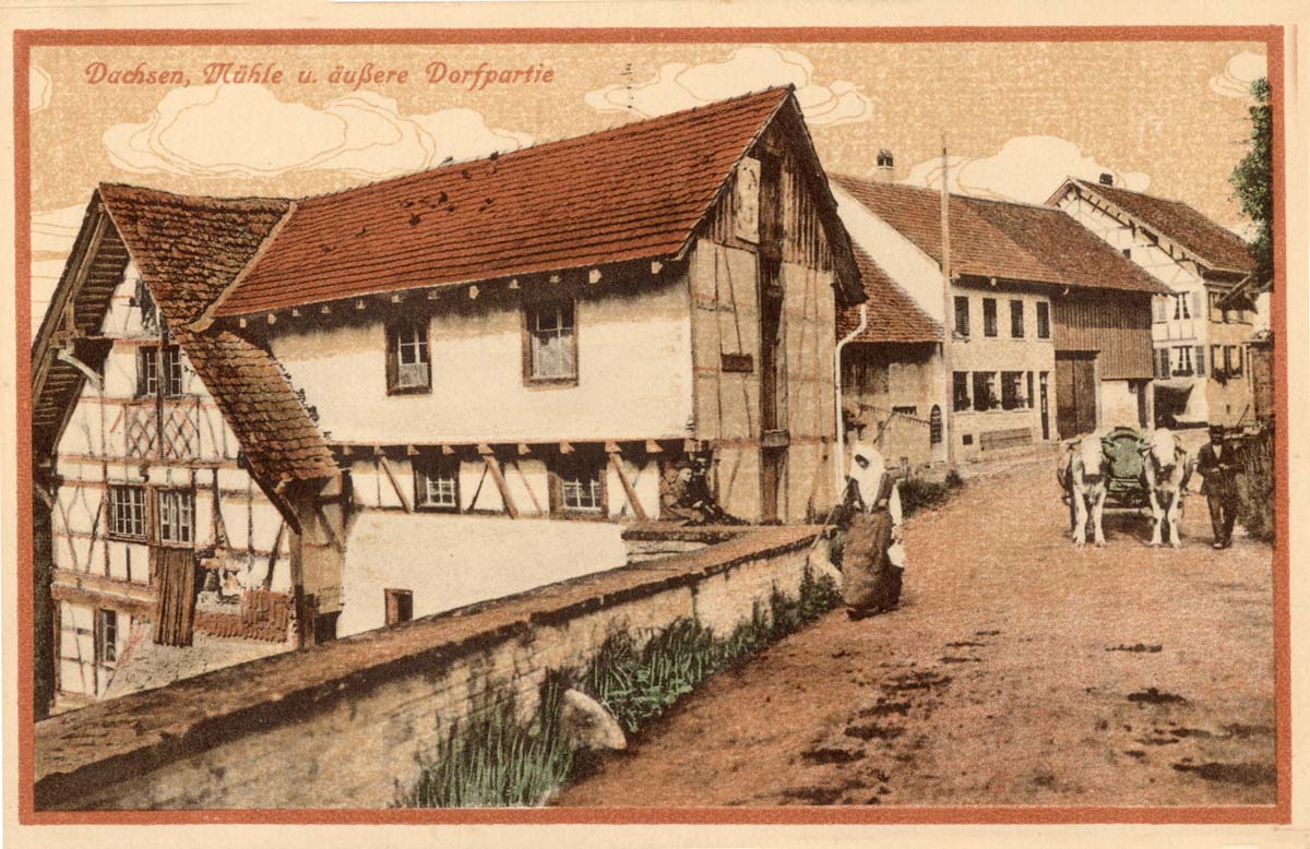 Dachsen. Ältere Ansicht der Mühle und Äussere Dorfstraße, 1919