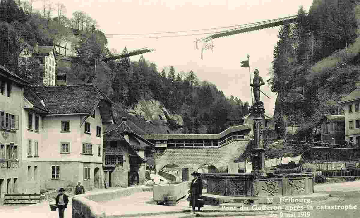 Freiburg im Üechtland. Le Pont suspendu du Gottéron après la catastrophe camion du 9 mai 1919
