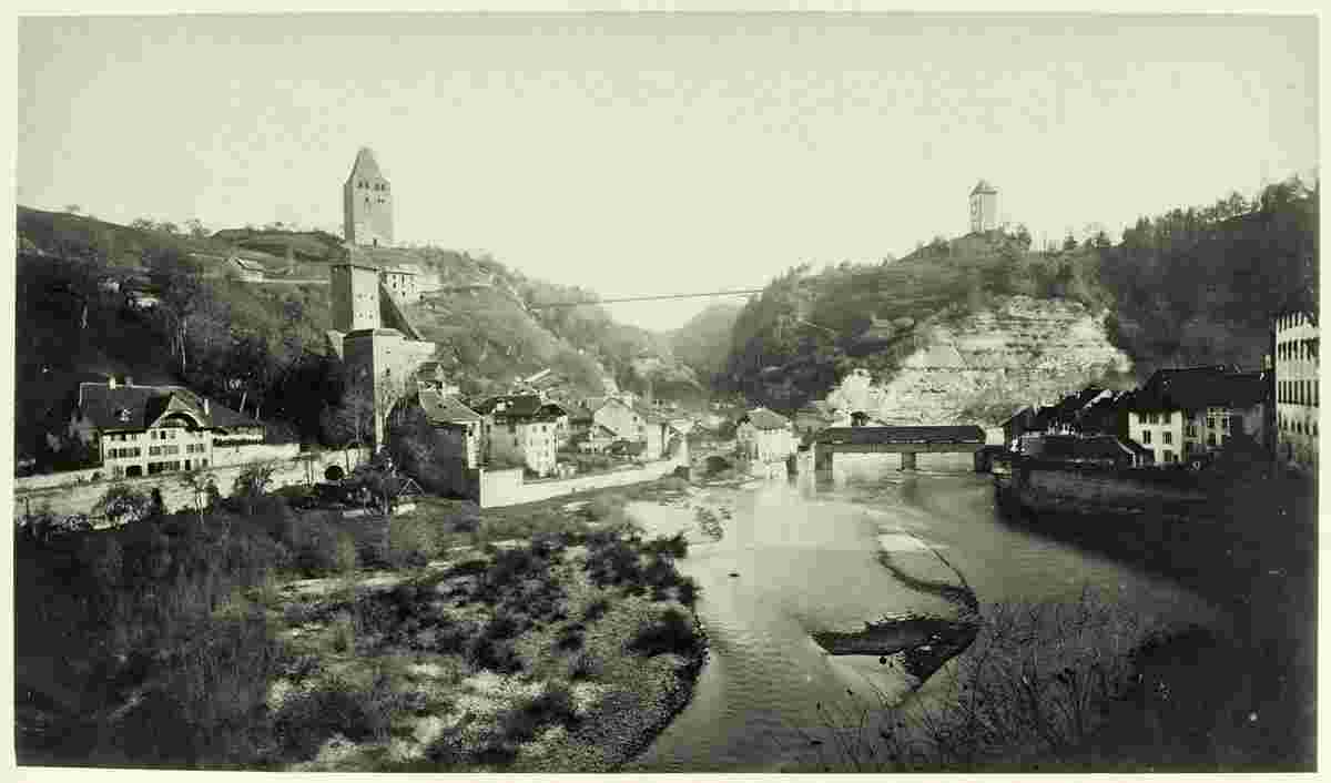 Freiburg im Üechtland. Les tours de la ville et Pont du Gottéron, um 1870