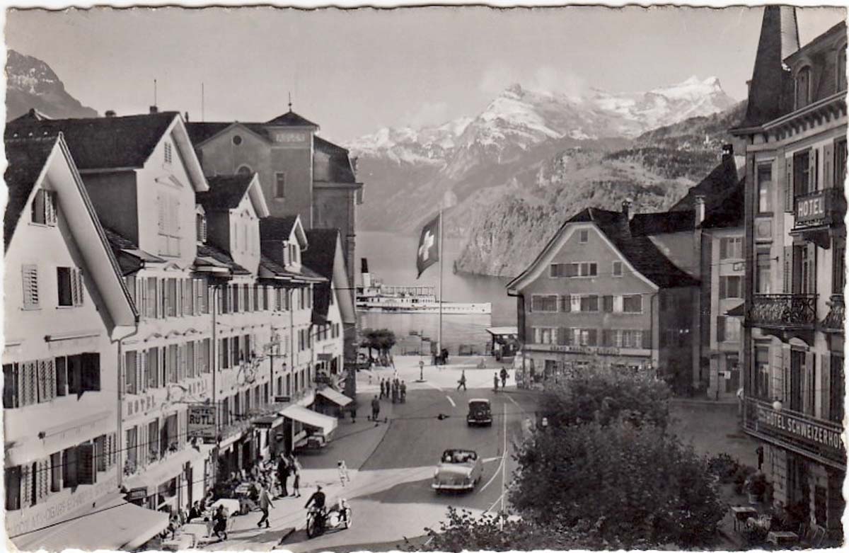 Ingenbohl. Panorama von straße und Hotel Schweizerhof, 1955