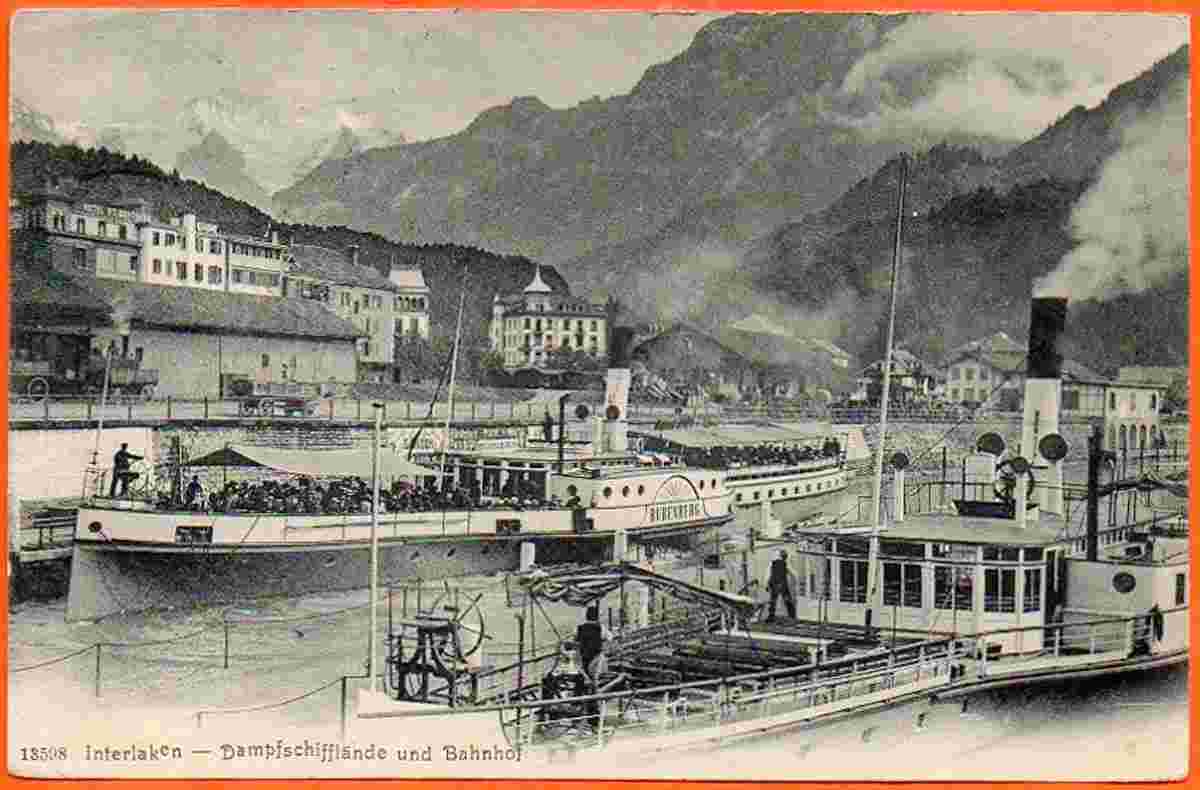 Interlaken. Dampfschifflande und Bahnof
