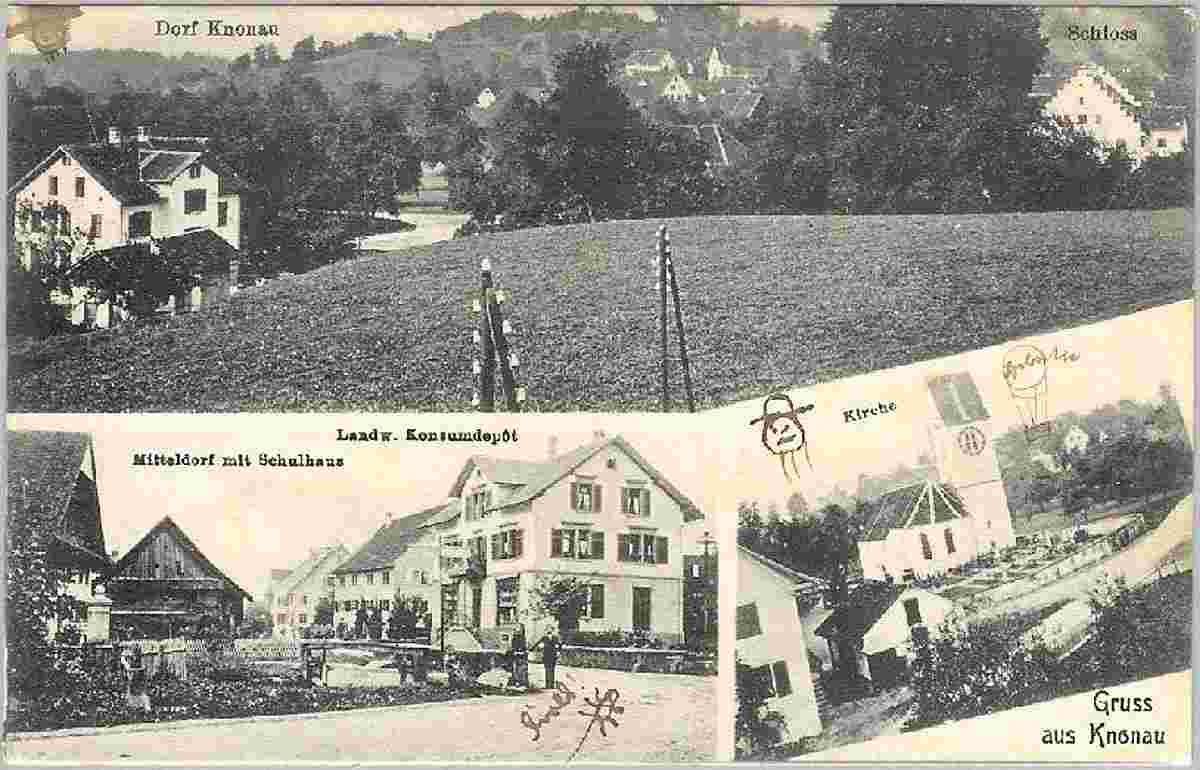 Knonau. Dorf und Schloß, Zentrum Dorf mit Schulhaus, Kirche