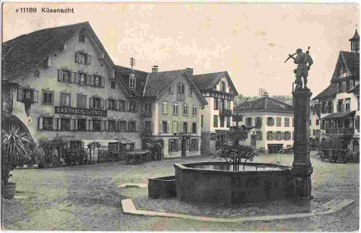 Küssnacht. Gasthaus zum Engel, Tellbrunnen, 1920