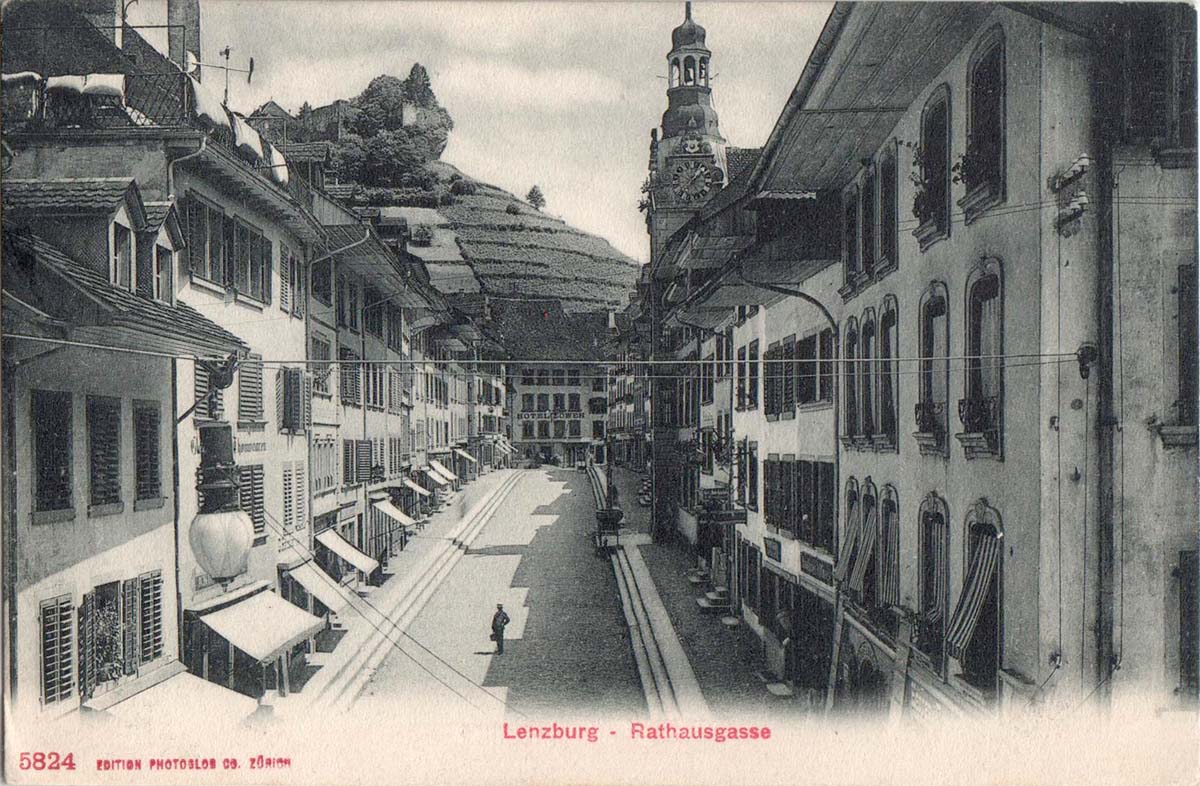 Lenzburg. Rathausgasse und Hotel Löwen, 1908