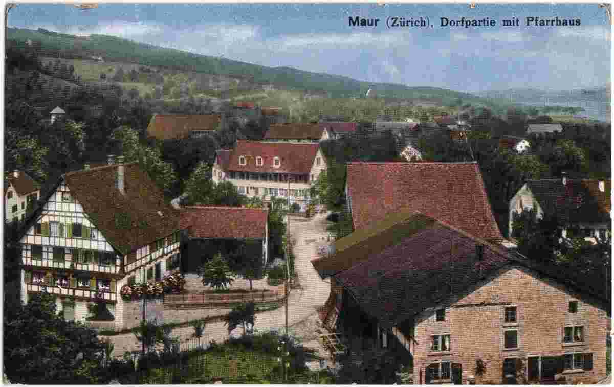 Maur. Panorama von dorfstraße mit Pfarrhaus, 1921