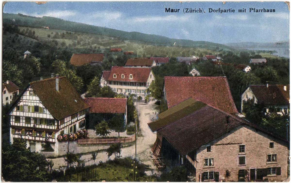 Maur. Panorama von dorfstrasse mit Pfarrhaus, 1921