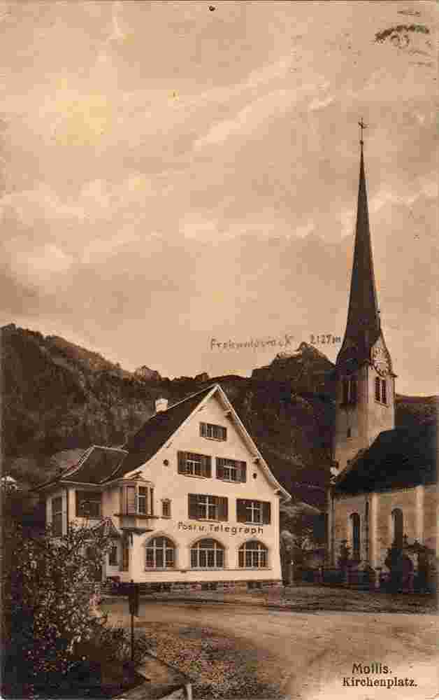 Mollis. Kirchenplatz, Post und Telegraph, Kirche, 1913