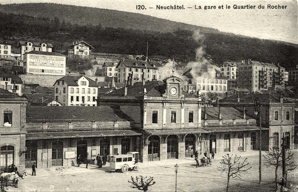 Neuenburg (Neuchâtel). La gare et le Quartier du Rocher