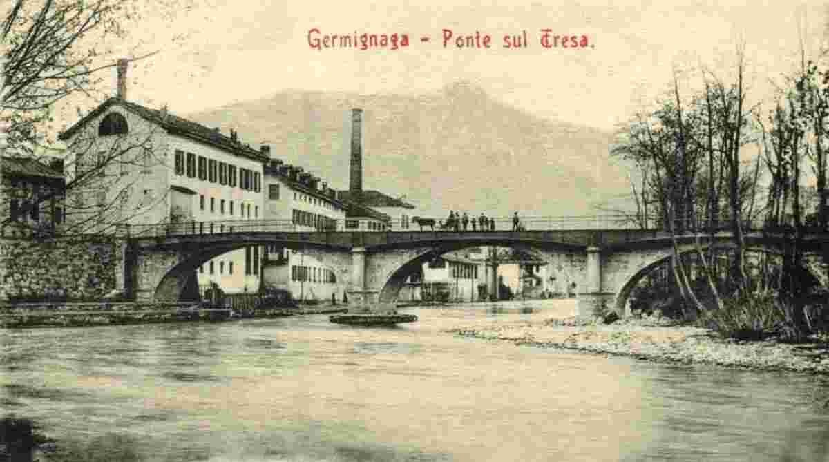 Obfelden. Fabrikgebäude mit brücke am Fluss Tresa, 1904
