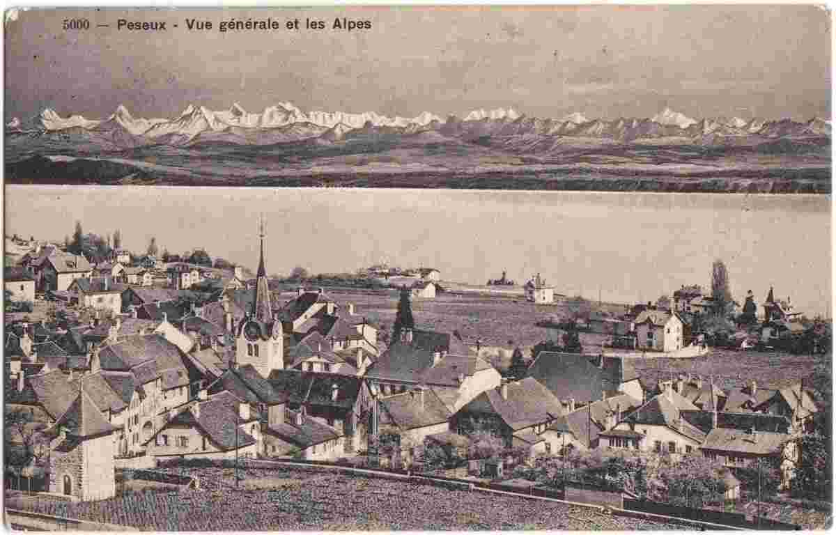 Peseux. Vue générale et les Alpes, 1921