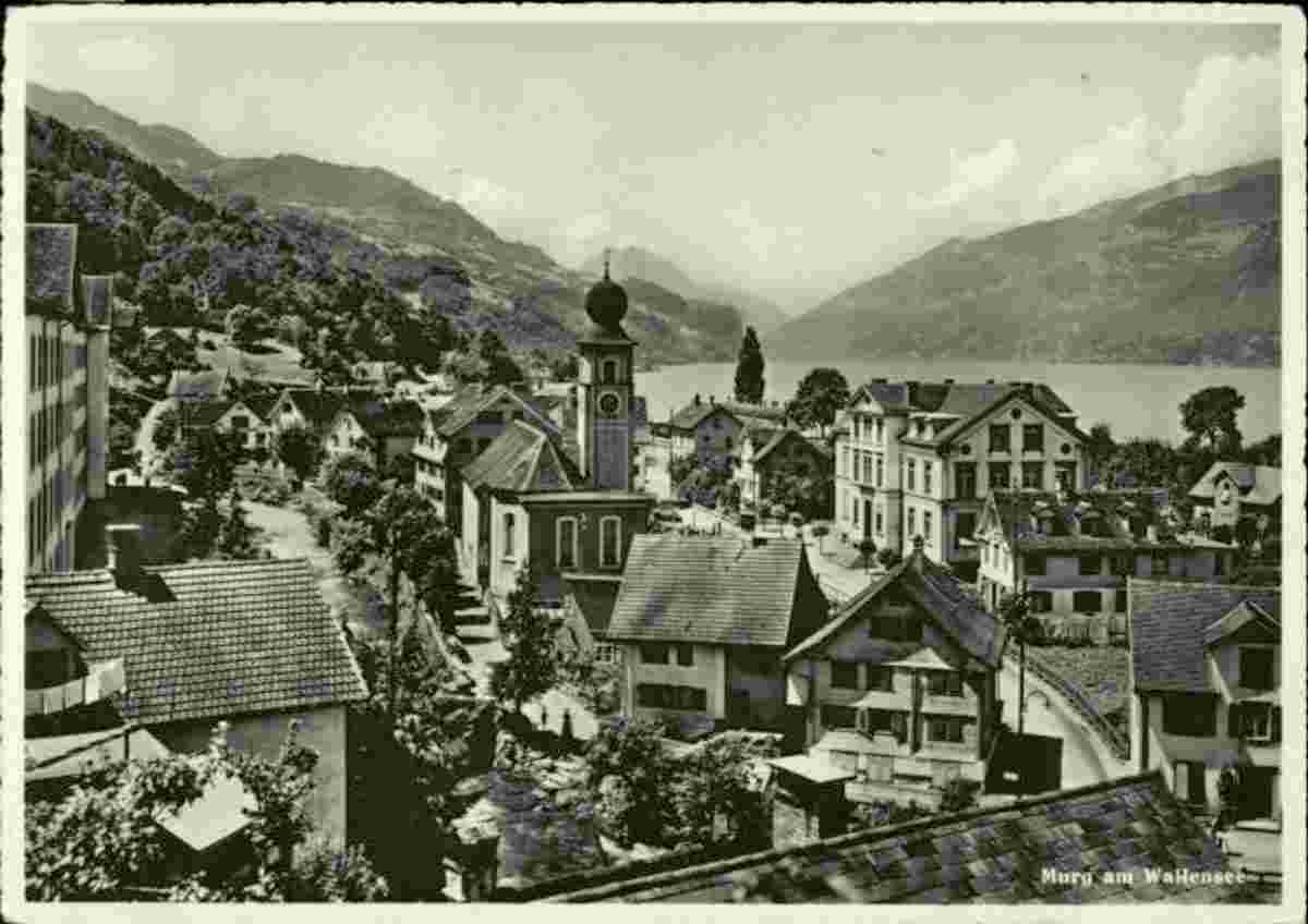 Quarten. Murg - Panorama von dorf mit Walensee, 1957