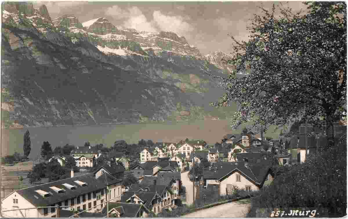 Quarten. Murg - Panorama von dorf mit Walensee, 1930