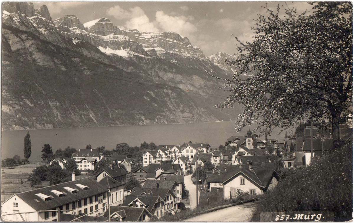 Quarten. Murg - Panorama von dorf mit Walensee, 1930