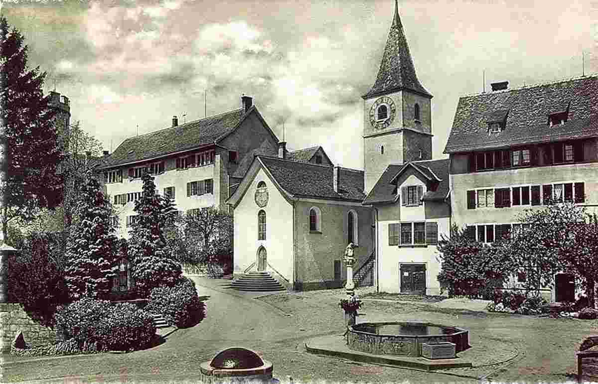 Regensberg. Dorfplatz mit brunnen und Kirche, 1940