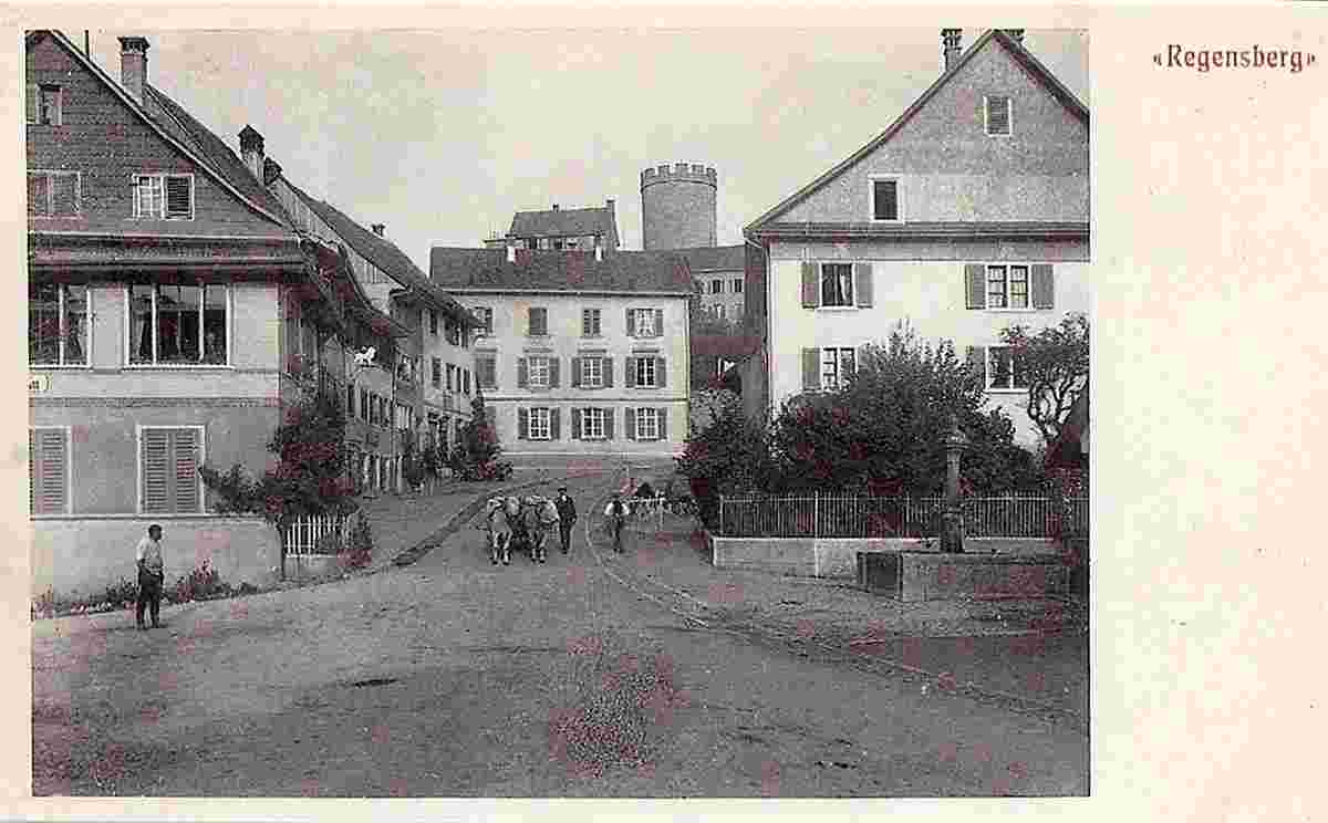 Regensberg. Dorfstraße mit Ochsengespann, 1910