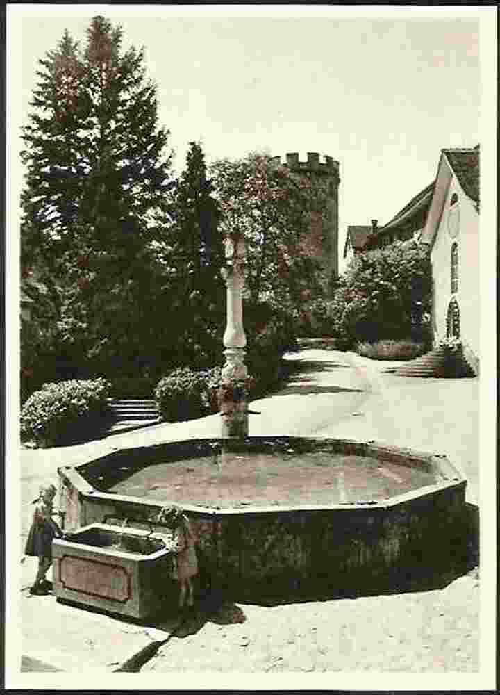 Regensberg. Oberburger Brunnen, Schlossturm Dielsdorf, um 1950