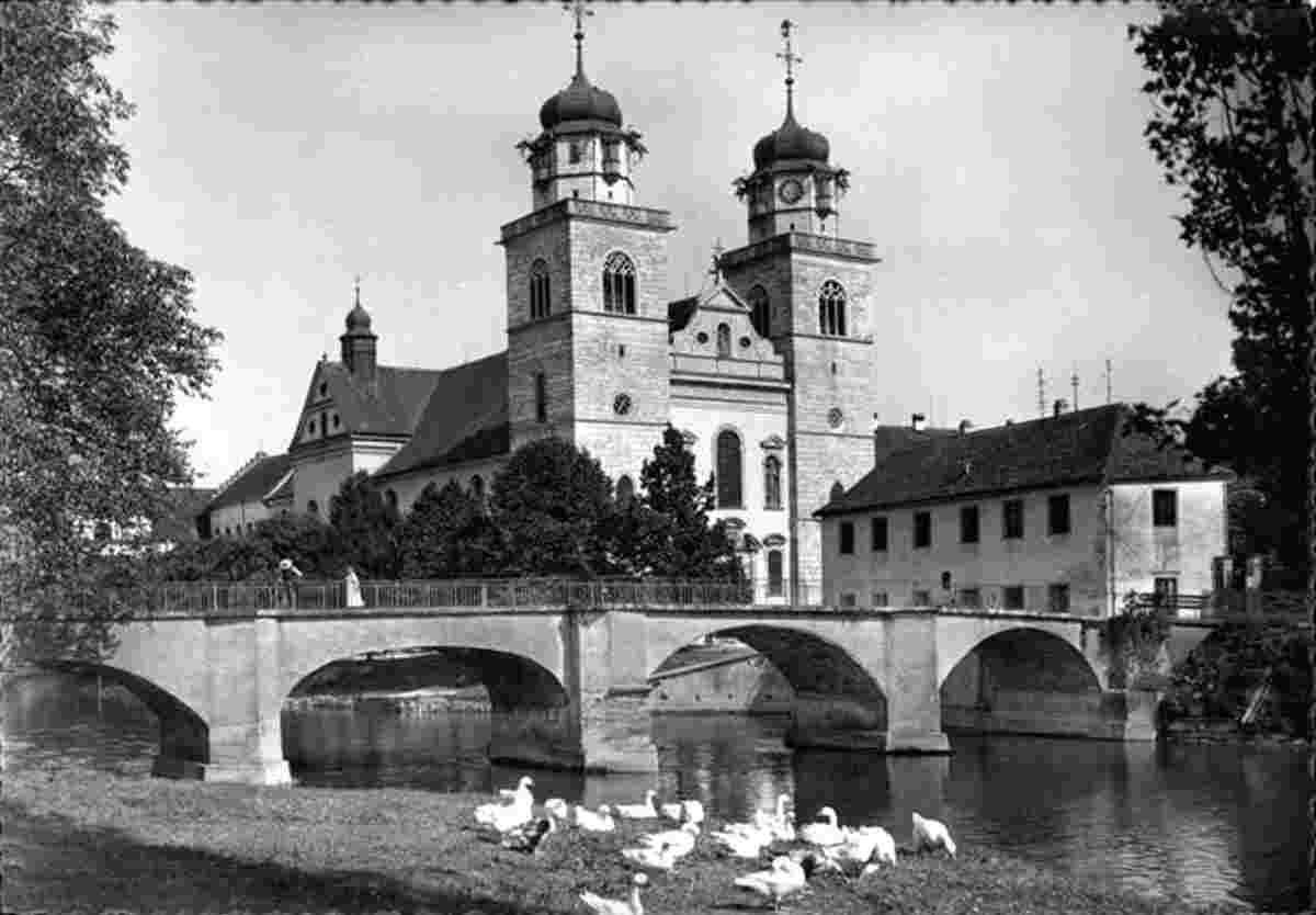 Rheinau. Klosterkirche und Brücke