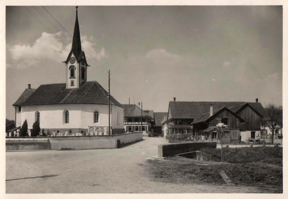 Rickenbach ZH. Blick auf Kirche und brücke, 1934