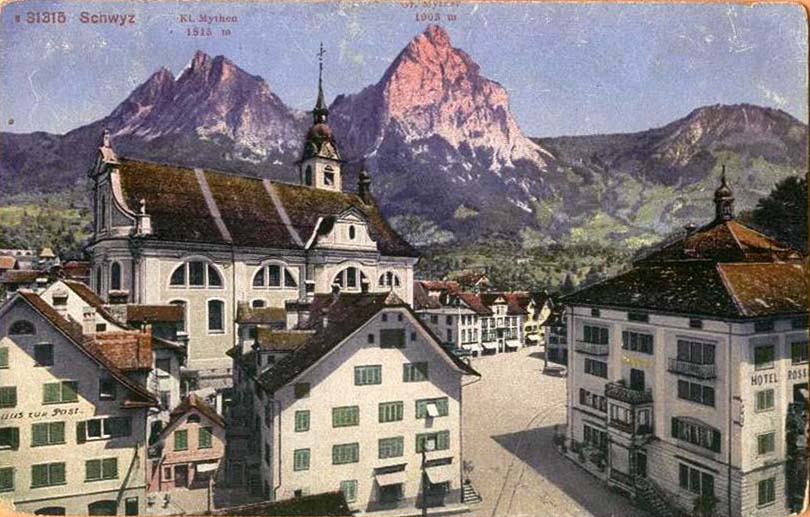 Schwyz. Hotel Rössli, Gasthaus zur Post, 1919