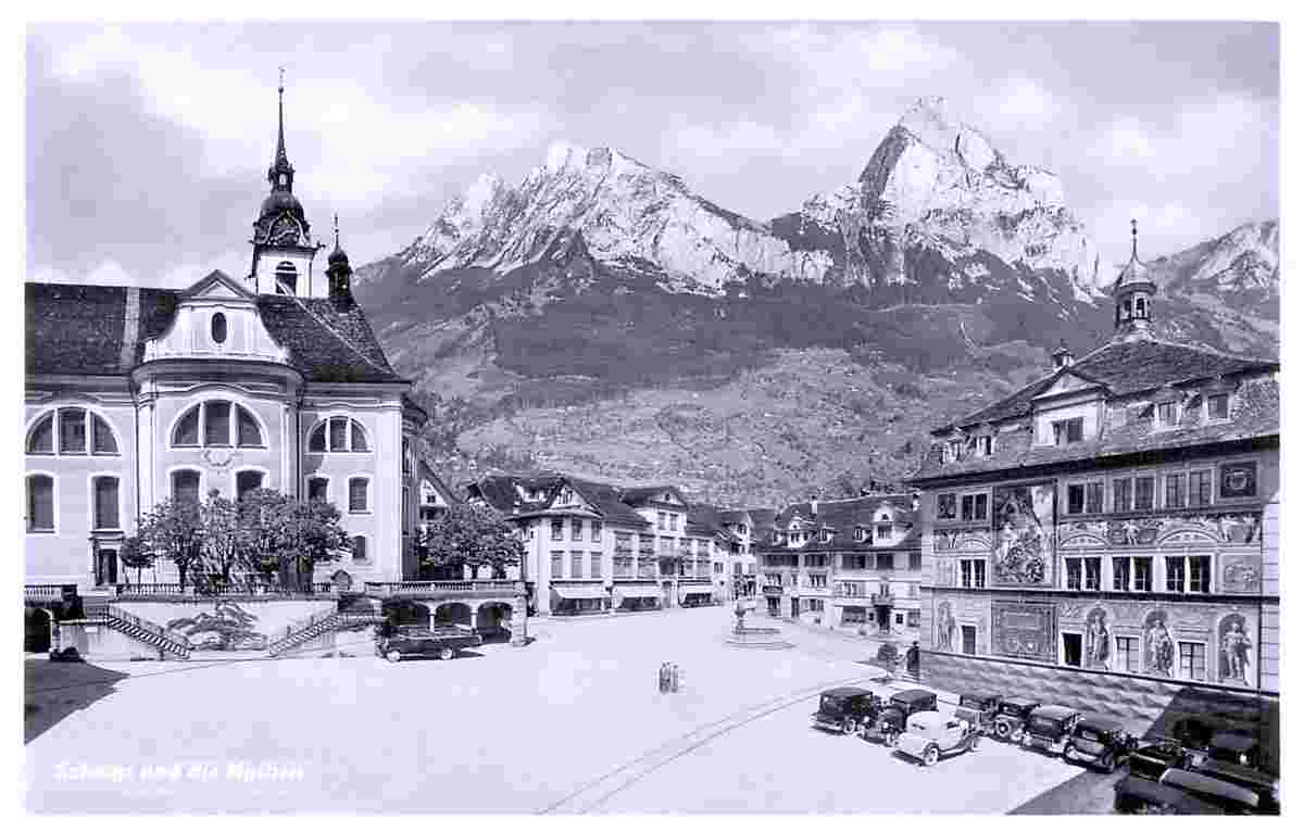 Schwyz. Panorama der Stadt und die Mythen