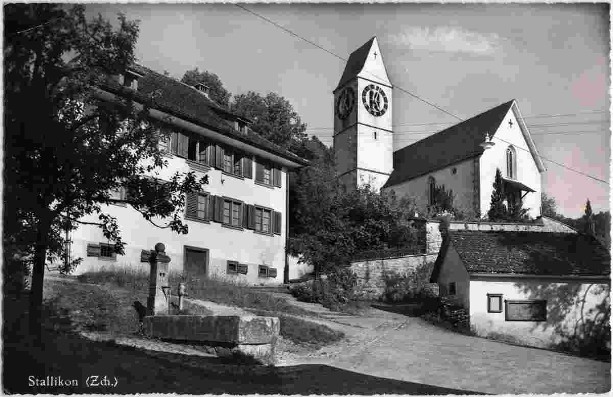 Stallikon. Kirche, Dorfbrunnen, 1959