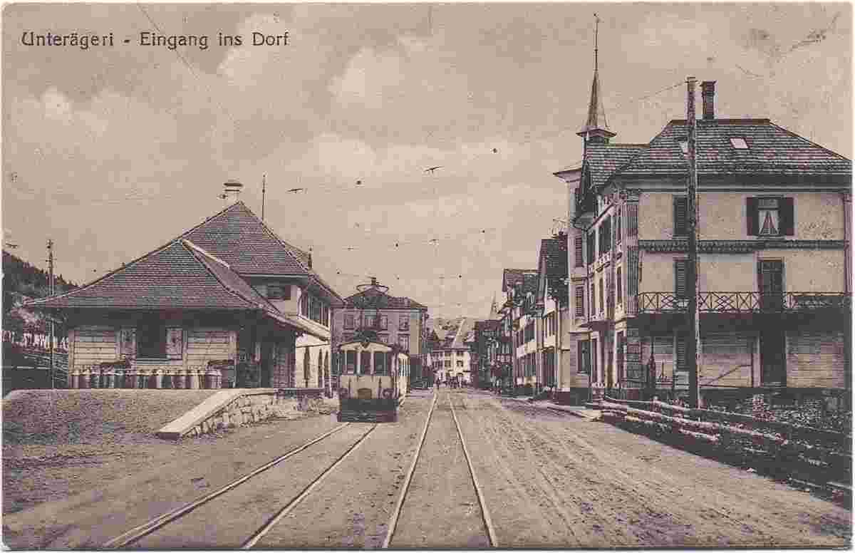 Unterägeri. Eingang ins Dorf, Bahnhof mit Bahn, 1917