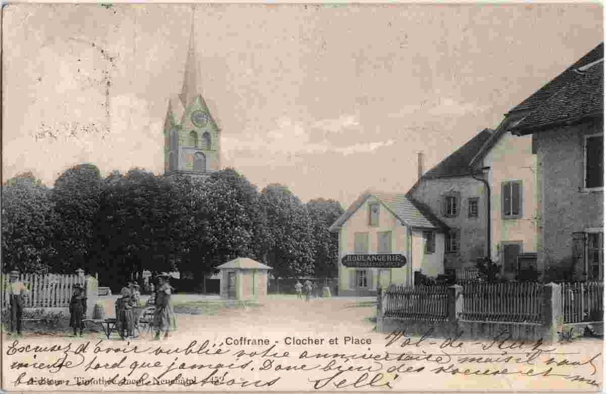 Val-de-Ruz. Coffrane - Clocher et Place, Boulangerie, 1904