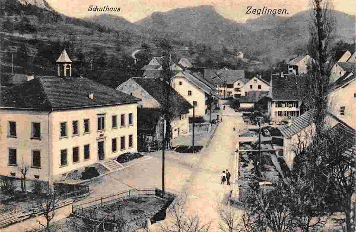 Zeglingen. Schulhaus, Blick auf Dorfstraße, 1919