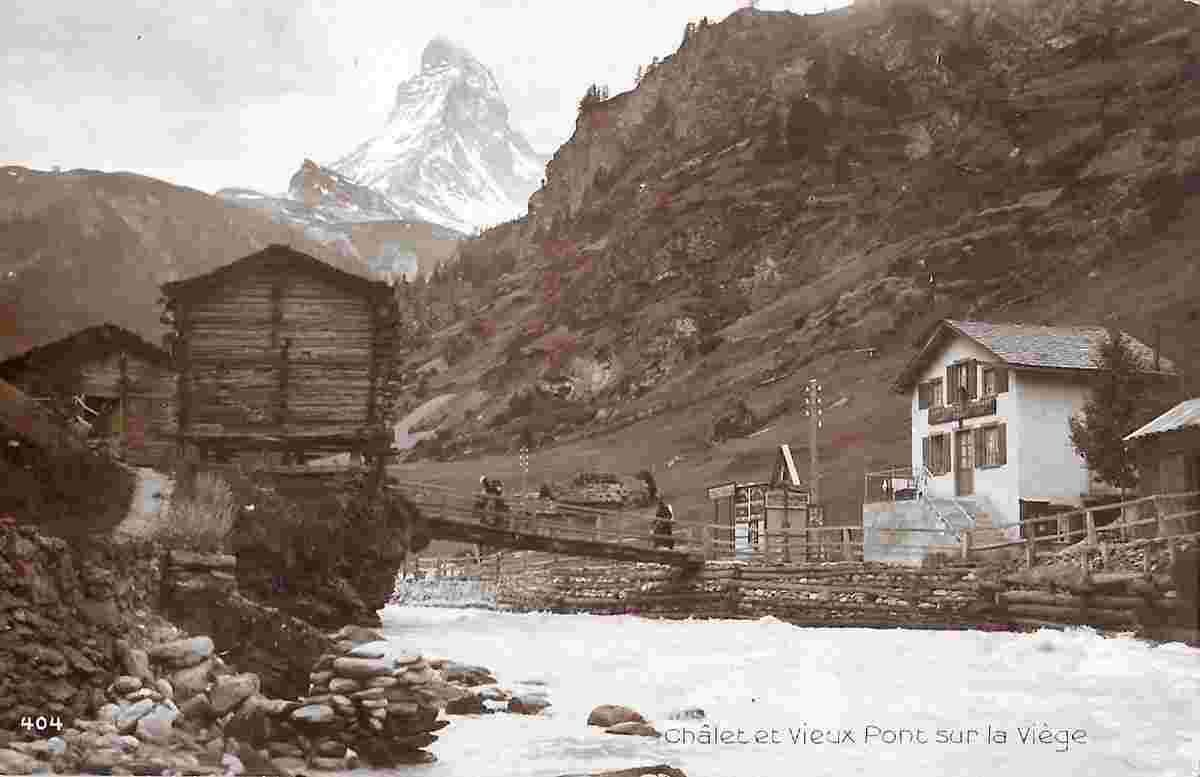 Zermatt. Châlet und Alte Brücke auf der Visp, um 1930