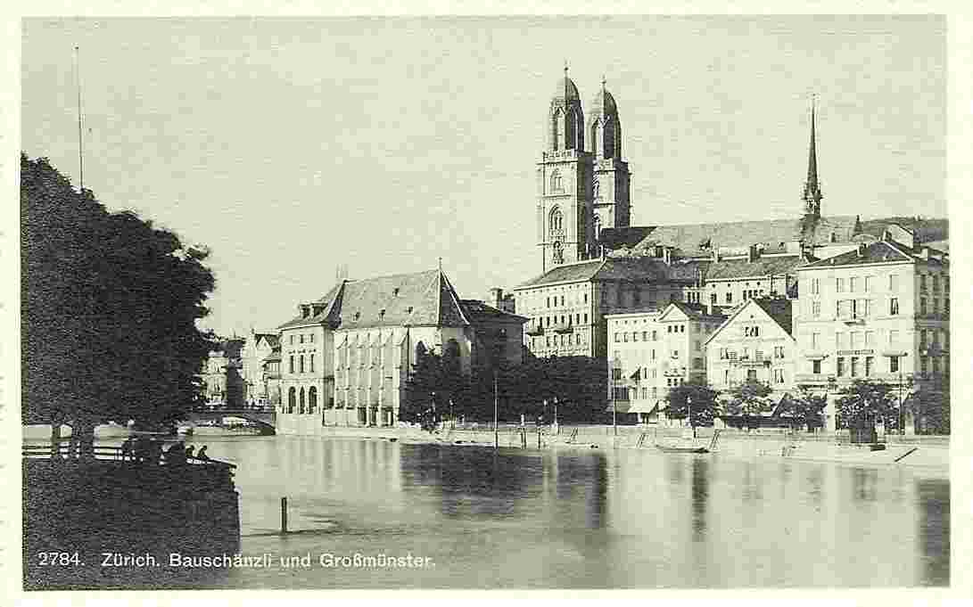 Zürich. Bauschänzli und Großmünster, um 1930