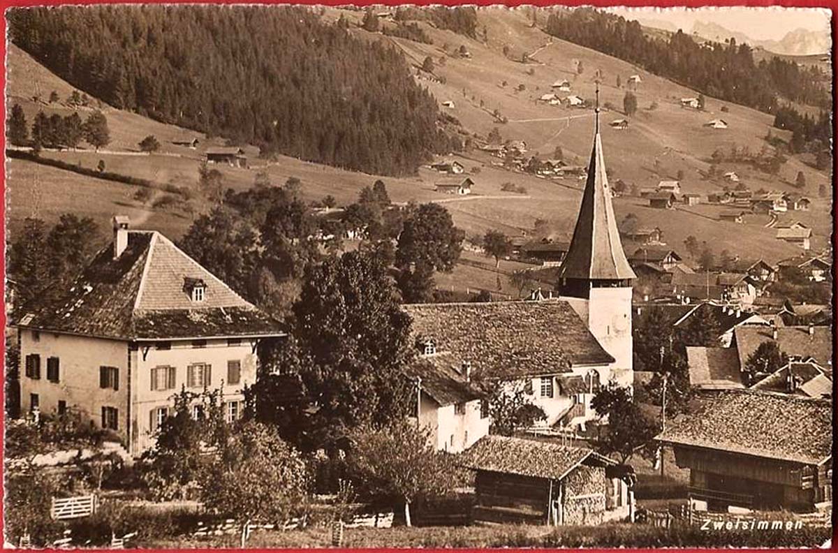 Zweisimmen. Panorama von Kirche, 1945